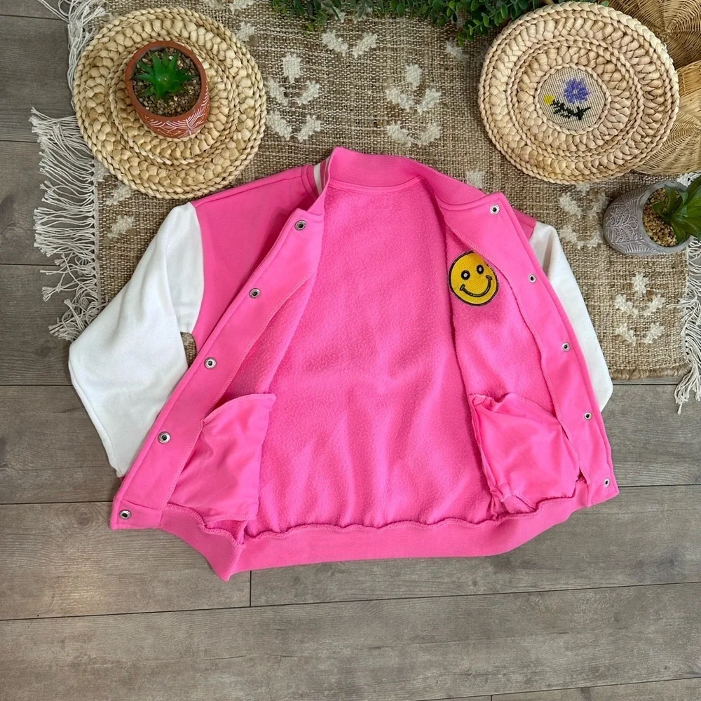 Boutique Girl’s Pink and White Varsity Jacket with Smiley Patch Size XL